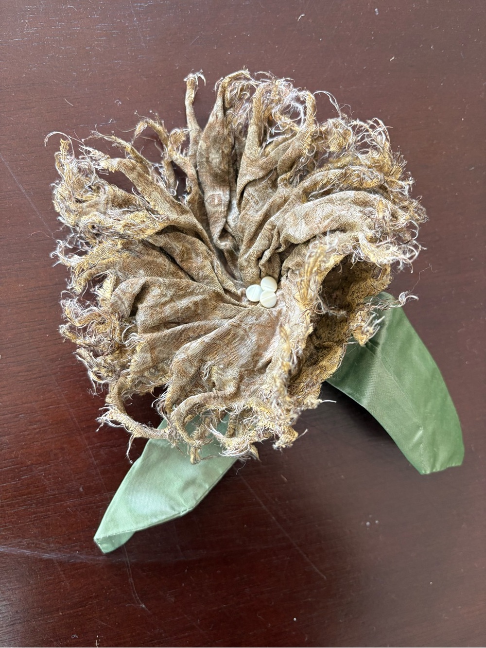 Brown Fabric Flower Brooch with Green Leaves - Unbranded